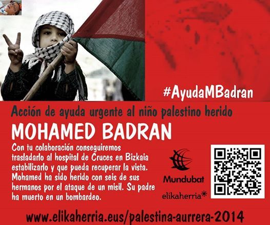 Cartel de la campaa Accin de ayuda urgente al nio palestino herido Mohamed Badrn